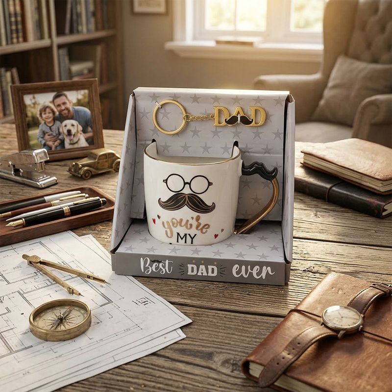 Set de Pocillo Cerámico de 12 oz para Papá con Llavero Decorativo
