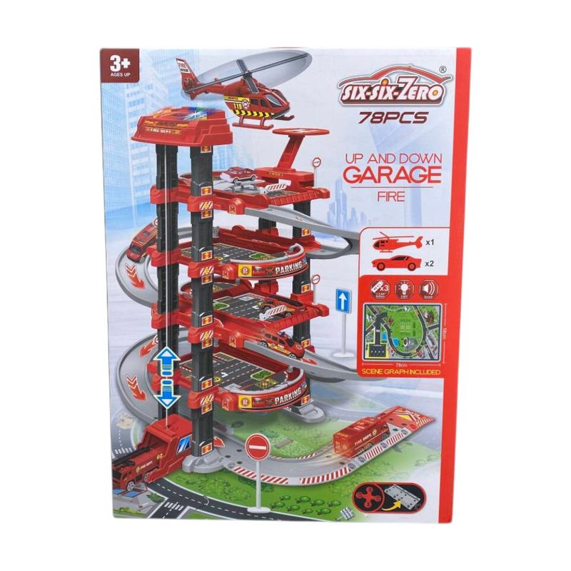 Torre de Parqueo con Pista y Vehículos Up and Down Fire 78 Piezas Color Rojo