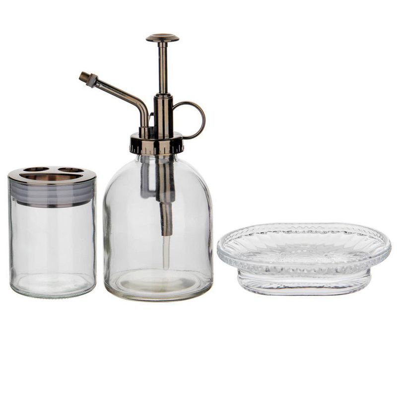 Set de 3 Piezas de Accesorios para Baño de Vidrio con Detalles Metálicos en Color Transparente