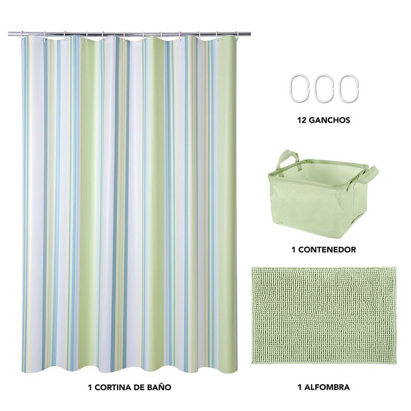 Set de Baño 15 Piezas con Cortina Impermeable y Alfombra Colores Surtidos