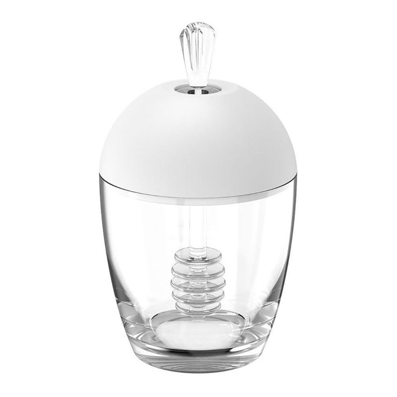 Mielera con Cuchara Acrílica y Tapa Blanca Transparente