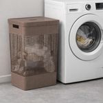 Cesta de Ropa Grid Plástica con Tapa de 49 Litros para Lavandería Color Marrón