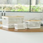 Cesta Grid Plástica con Tapa de Bambú de 20 Litros para Organización Color Beige
