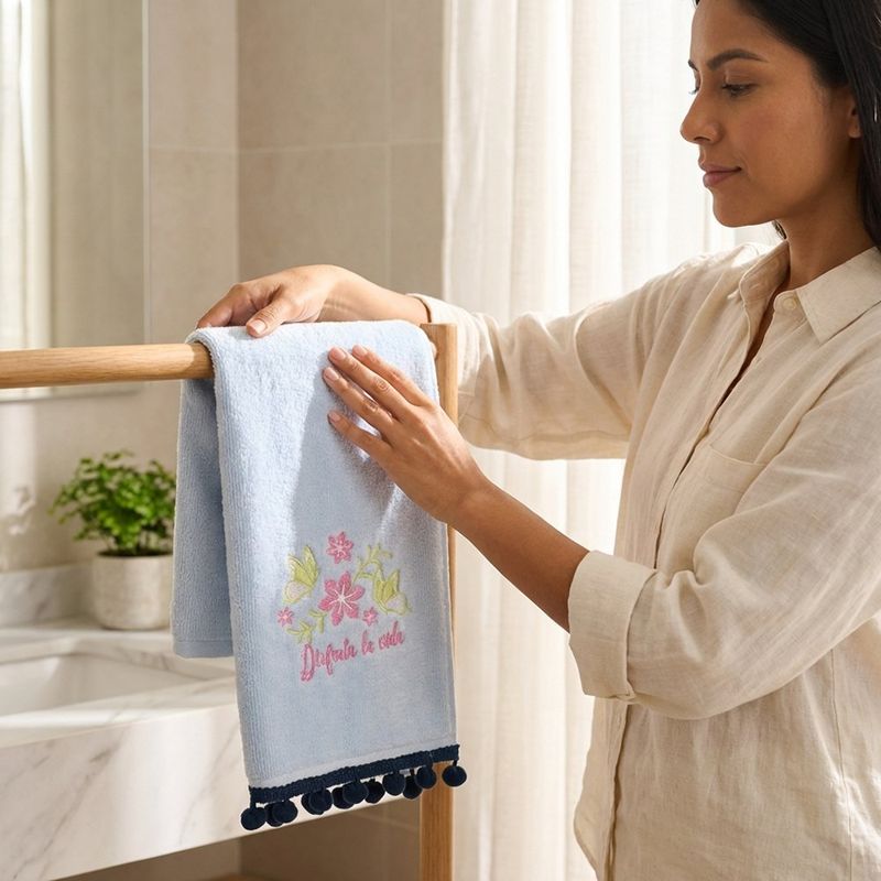 Toalla de Manos de Algodón para Baño con Bordado Disfruta la Vida Color Celeste