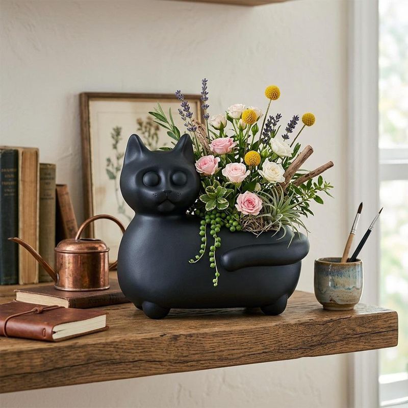 Maceta Decorativa Figura de Gato Acostado de 24 cm Color Negro