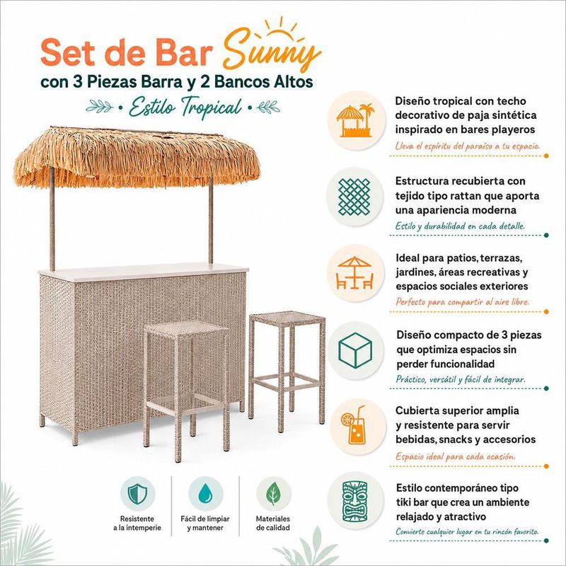 Set de Bar Sunny de 3 Piezas con Barra y 2 Bancos Estilo Tropical