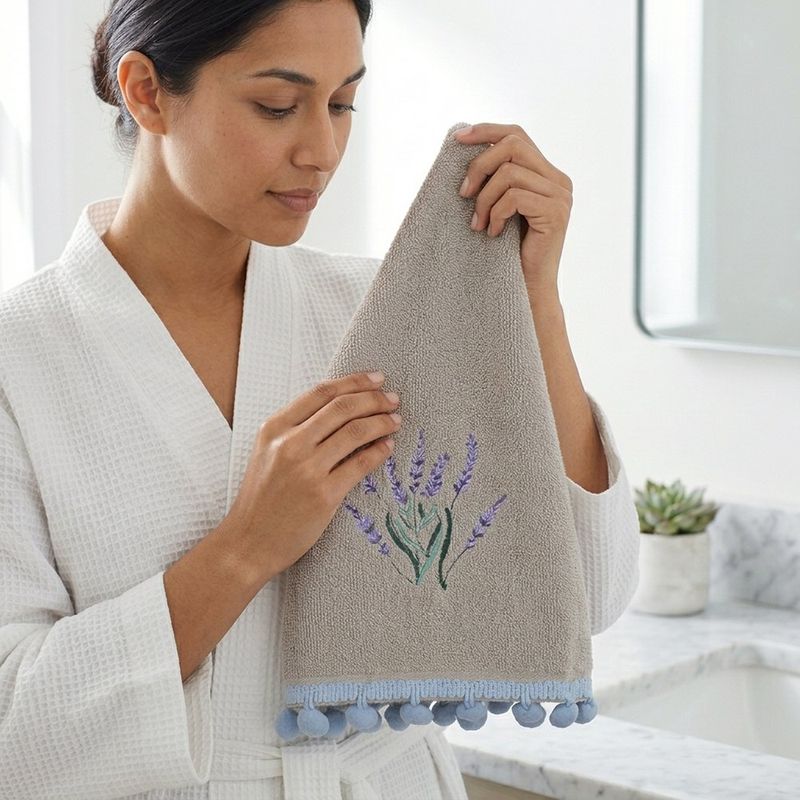 Toalla de Manos de Algodón para Baño con Bordado de Lavanda Color Verde