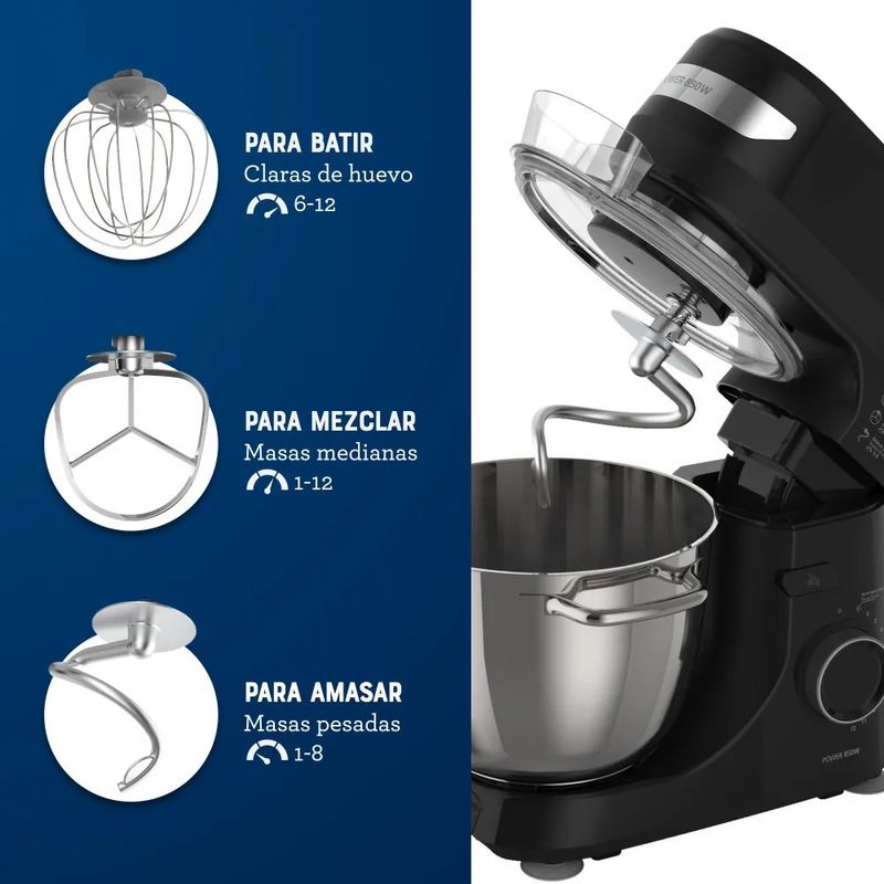 Batidora Planetaria de 850 W 4 L de 12 Velocidades con Accesorios Color Negro