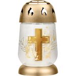 Linterna Memorial de Vidrio con Tapa Dorada y Diseño de Cruz de 17.3 x 9 cm