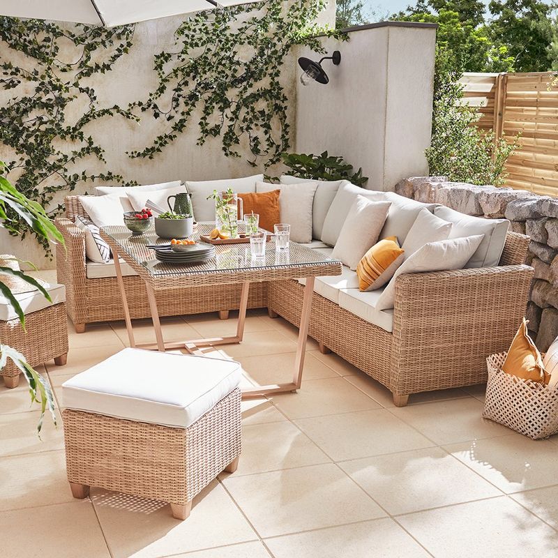 Juego de Sala de Exterior Medena Beige para 7 Personas con Sofá Esquinero, Mesa y 2 Puff