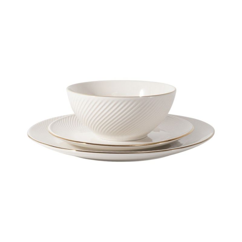 Vajilla de Porcelana de 12 Piezas Blanca con Borde Dorado
