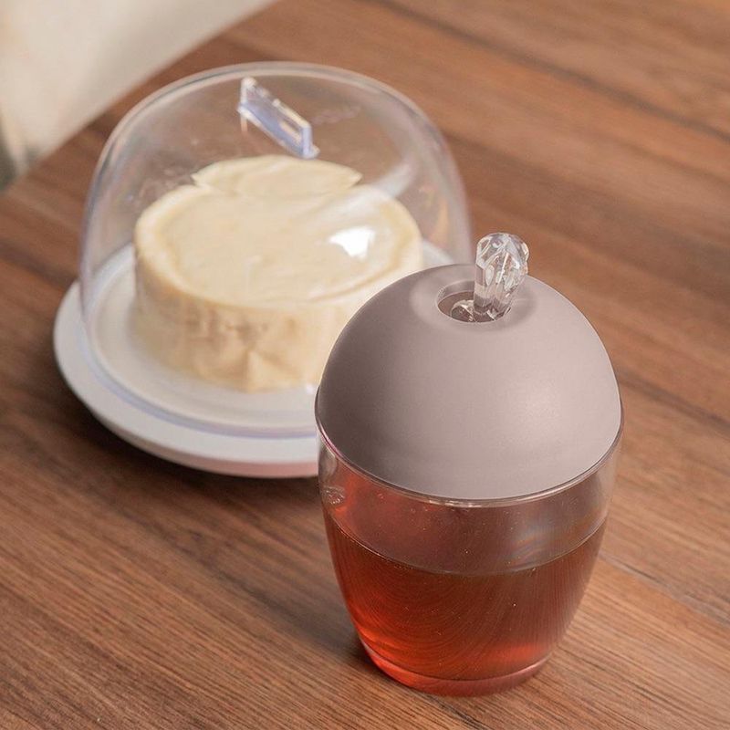 Mielera con Cuchara Acrílica y Tapa Beige Transparente