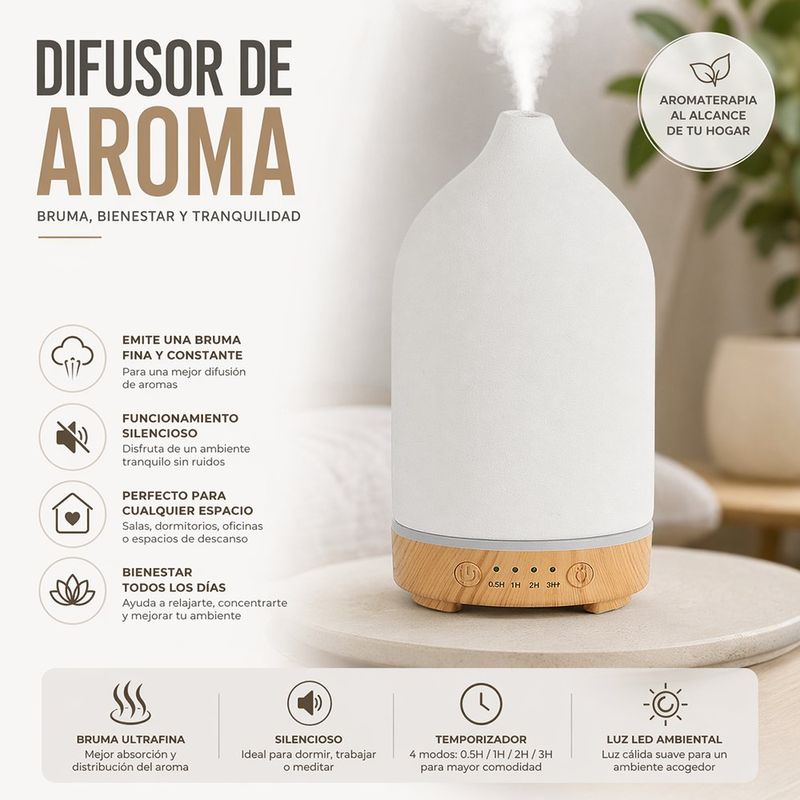 Difusor Aromático con Luz LED y Temporizador Color Blanco