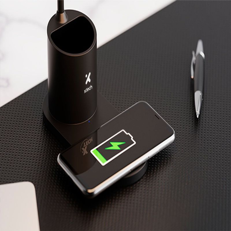 Lámpara de Escritorio LED con Cargador Inalámbrico y Porta Lapiceros Color Negro