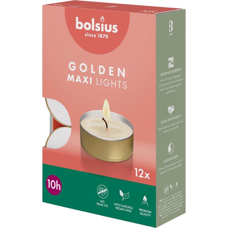 Caja de 12 Velas Tealight Maxi 10 h para Decoración Base Dorada