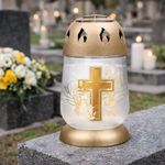 Linterna Memorial de Vidrio con Tapa Dorada y Diseño de Cruz de 17.3 x 9 cm