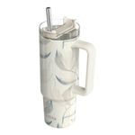 Vaso Térmico de Acero Inoxidable de 950 mL con Asa y Pajilla Estampado Hojas Beige