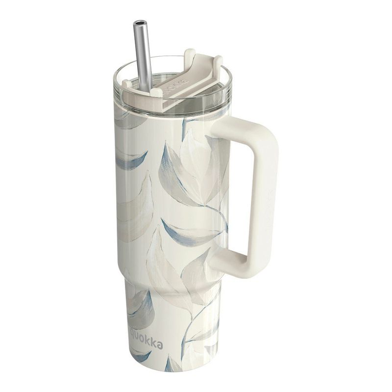 Vaso Térmico de Acero Inoxidable de 950 mL con Asa y Pajilla Estampado Hojas Beige