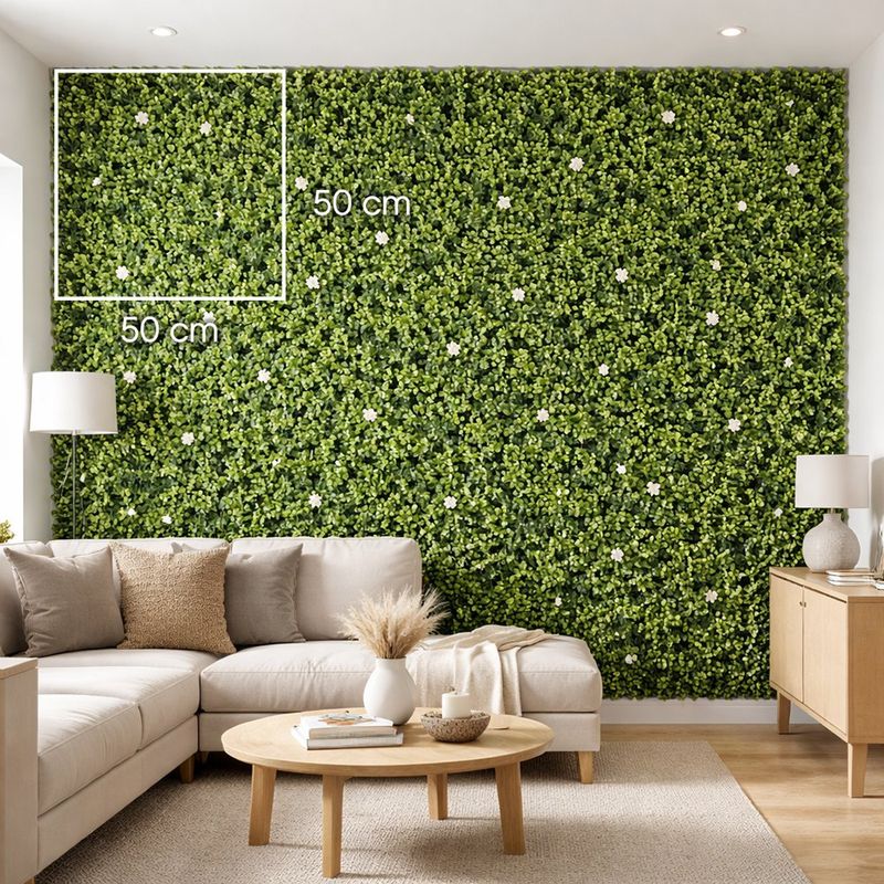 Follaje Artificial Decorativo con Flores Blancas de 50 x 50 cm Color Verde