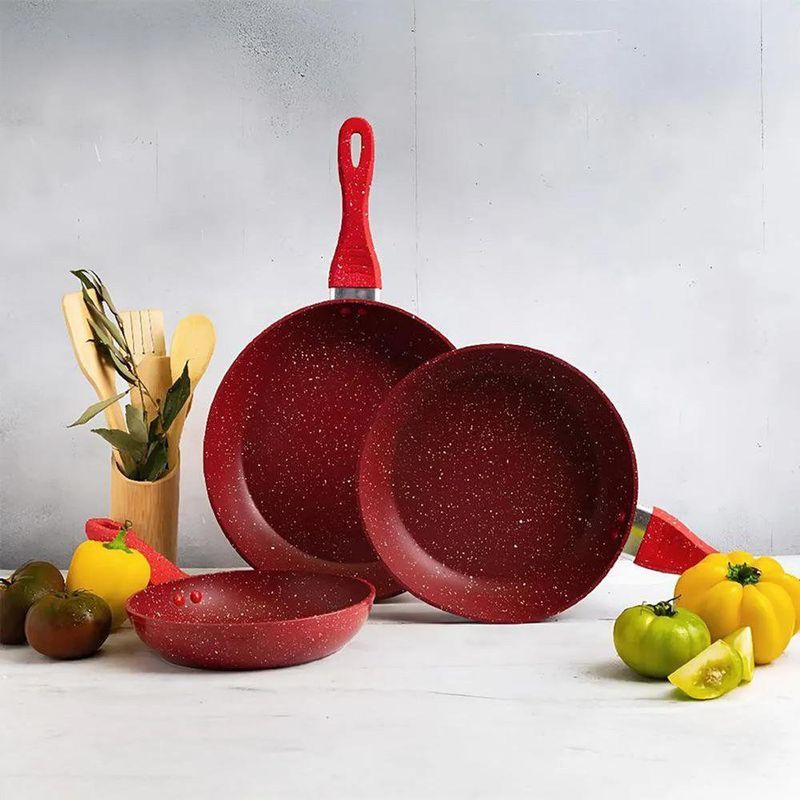 Batería de Cocina Verona 7 Piezas con Set de Sartenes de Aluminio y Mármol Color Rojo