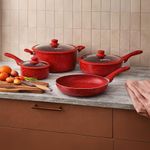 Batería de Cocina Verona 7 Piezas con Set de Sartenes de Aluminio y Mármol Color Rojo