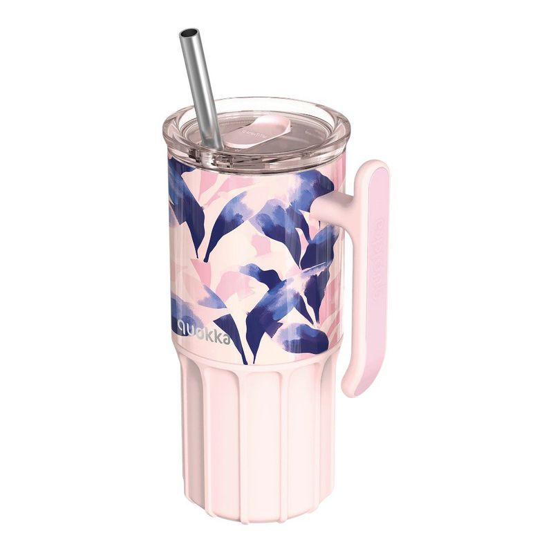 Vaso Térmico de Acero Inoxidable de 720 mL con Asa, Pajilla y Base de Silicona Color Rosado Estampado Azul