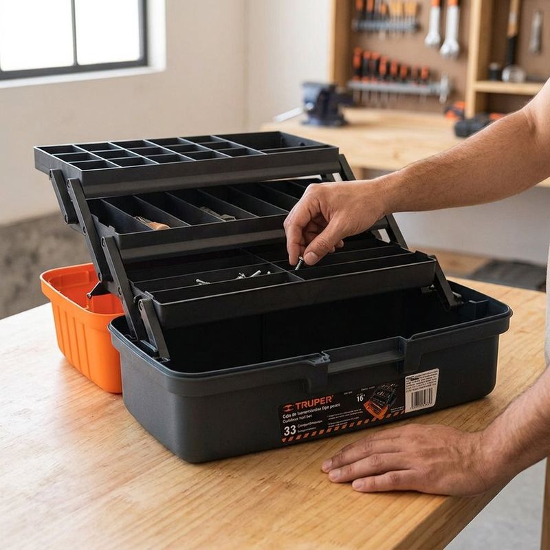 Caja para Herramientas de 16 plg de Polipropileno con 3 Bandejas Deslizables y 33 Compartimentos