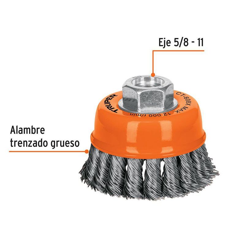 Cepillo de Copa Trenzada Gruesa para Esmeril de 3 x 5/8 plg