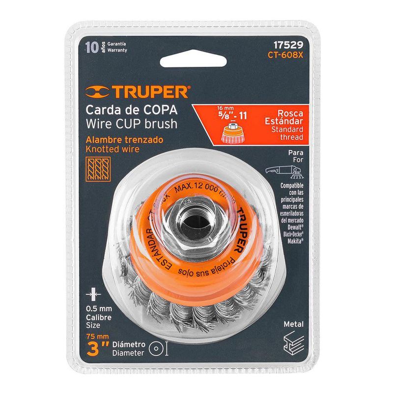 Cepillo de Copa Trenzada Gruesa para Esmeril de 3 x 5/8 plg