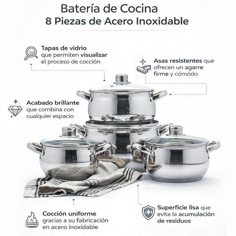 Batería de Cocina de Acero Inoxidable Color Plateado 8 Piezas