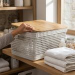 Cesta Grid Plástica con Tapa de Bambú de 8 Litros para Organización Color Beige