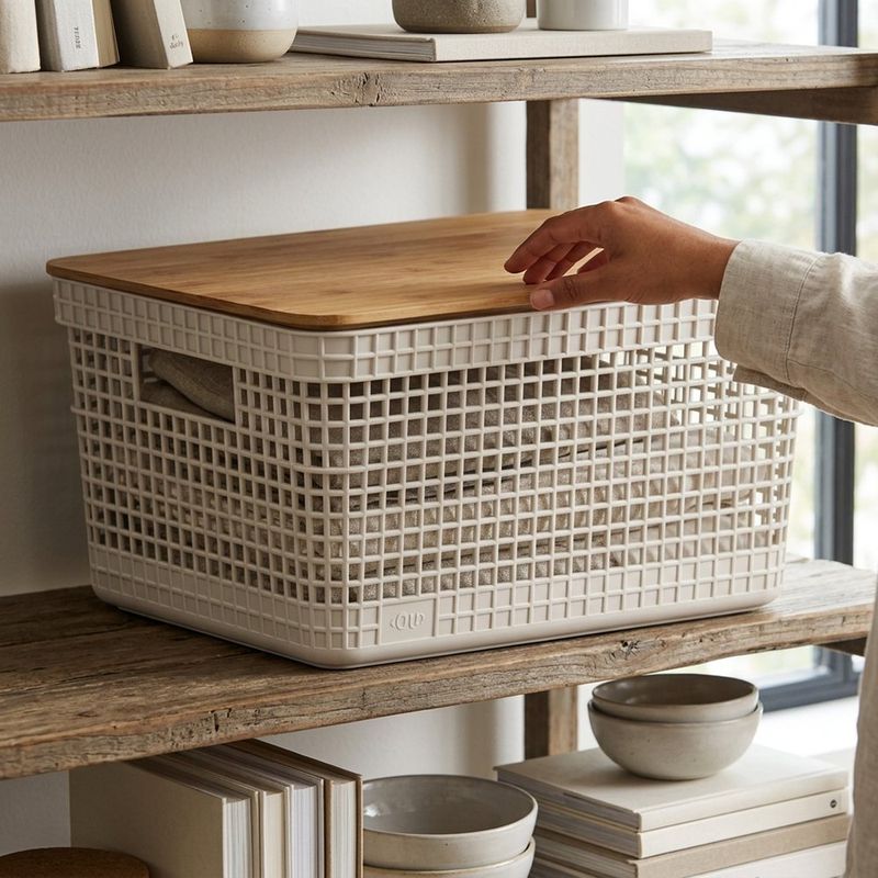 Cesta Grid Plástica con Tapa de Bambú de 8 Litros para Organización Color Beige