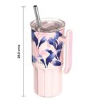 Vaso Térmico de Acero Inoxidable de 720 mL con Asa, Pajilla y Base de Silicona Color Rosado Estampado Azul
