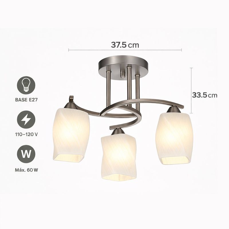 Lámpara de Techo con 3 Luces con Pantallas de Vidrio Acabado Níquel Satinado Base E27 60 W