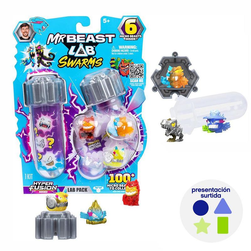 Set de 6 Micro Figuras MrBeast Lab Swarms Hyper Fusion con Tubo y Cámara - Presentación Surtida