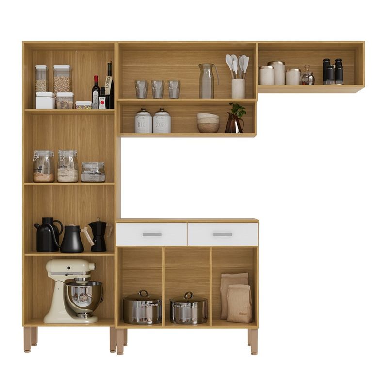 Mueble de Cocina Compacto de 221 x 28 x 193 cm con 10 Puertas y 2 Gavetas Blanco y Quartz