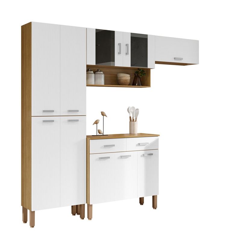 Mueble de Cocina Compacto de 221 x 28 x 193 cm con 10 Puertas y 2 Gavetas Blanco y Quartz