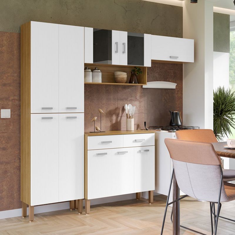Mueble de Cocina Compacto de 221 x 28 x 193 cm con 10 Puertas y 2 Gavetas Blanco y Quartz