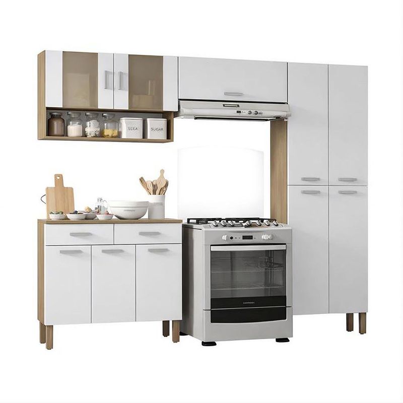 Mueble de Cocina Compacto de 221 x 28 x 193 cm con 10 Puertas y 2 Gavetas Blanco y Quartz