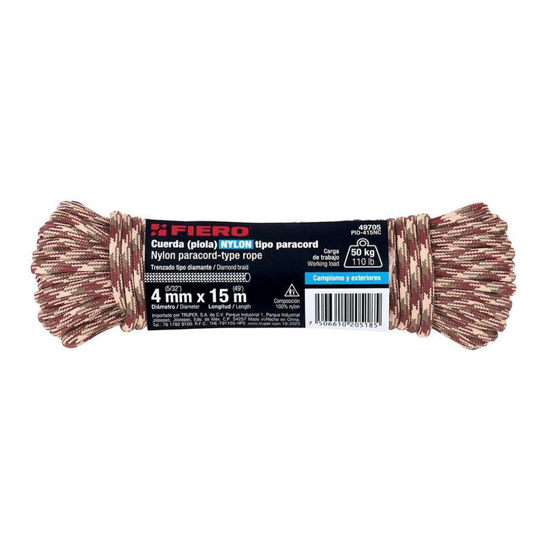 Cuerda de Nylon Paracord de 4 mm x 15 Metros Color Café Acabado Camuflaje