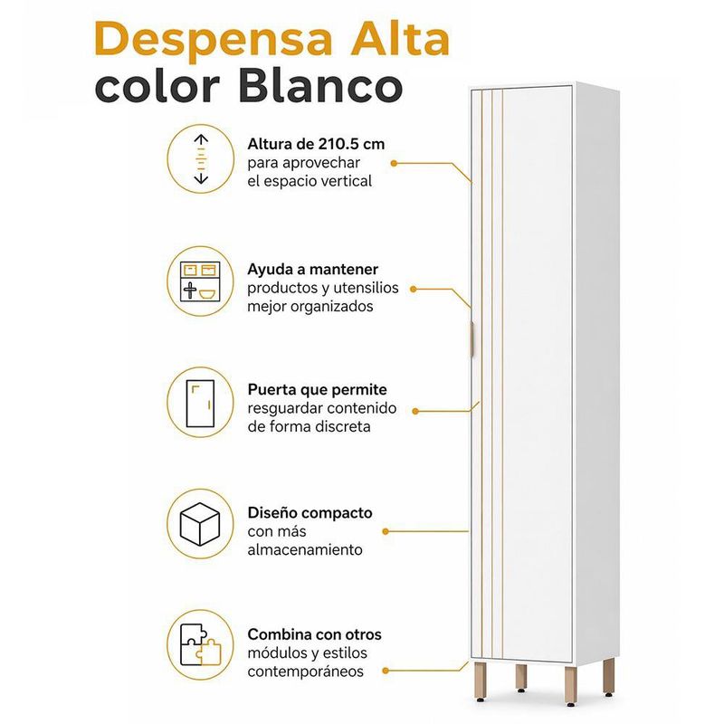 Despensa para Cocina Gloria de MDP Color Blanco de 210.5 cm con Puerta Alta