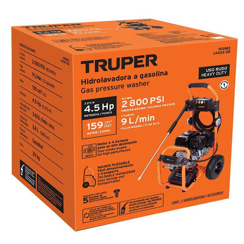 Hidrolavadora a Gasolina 2800 PSI con Motor de 4 Tiempos y Carro de Transporte