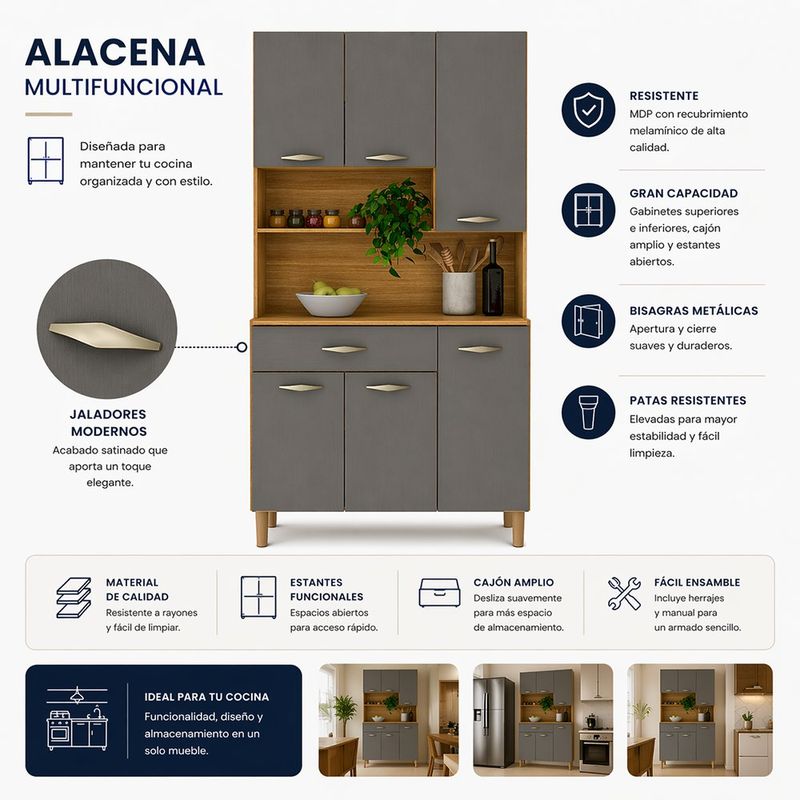 Gabinete Apolo con 6 Puertas y Espacios Abiertos 36.3 x 90.9 x 173.5 cm Gris