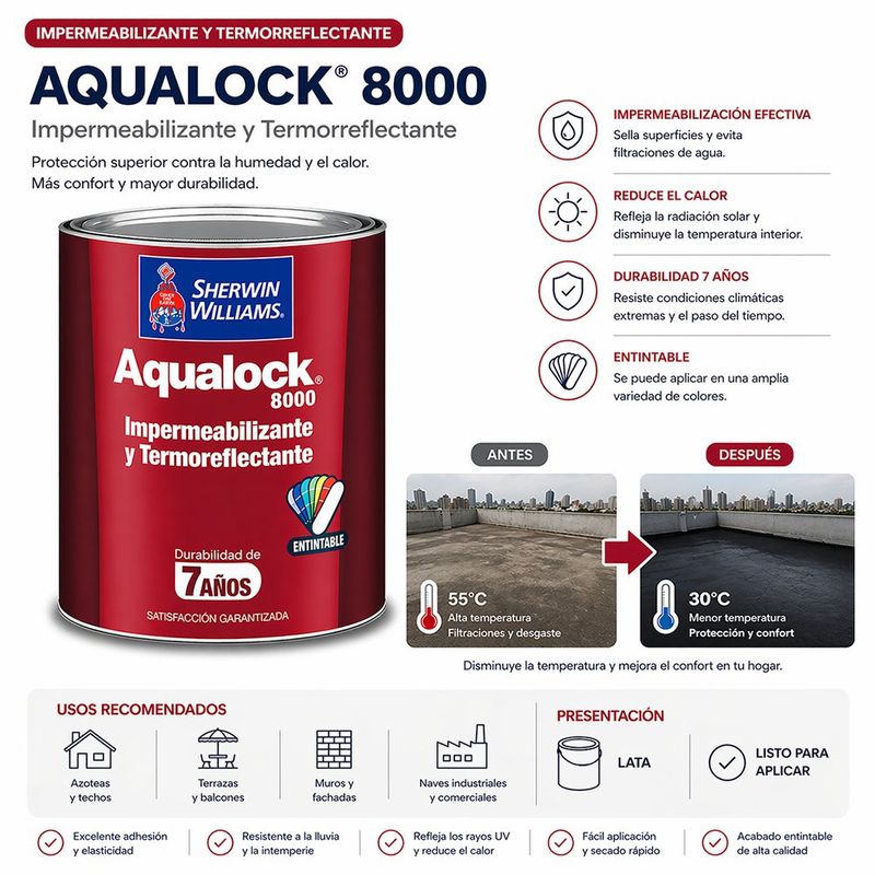 Impermeabilizante Aqualock 8000 Termorreflectante Color Negro 5 Galones