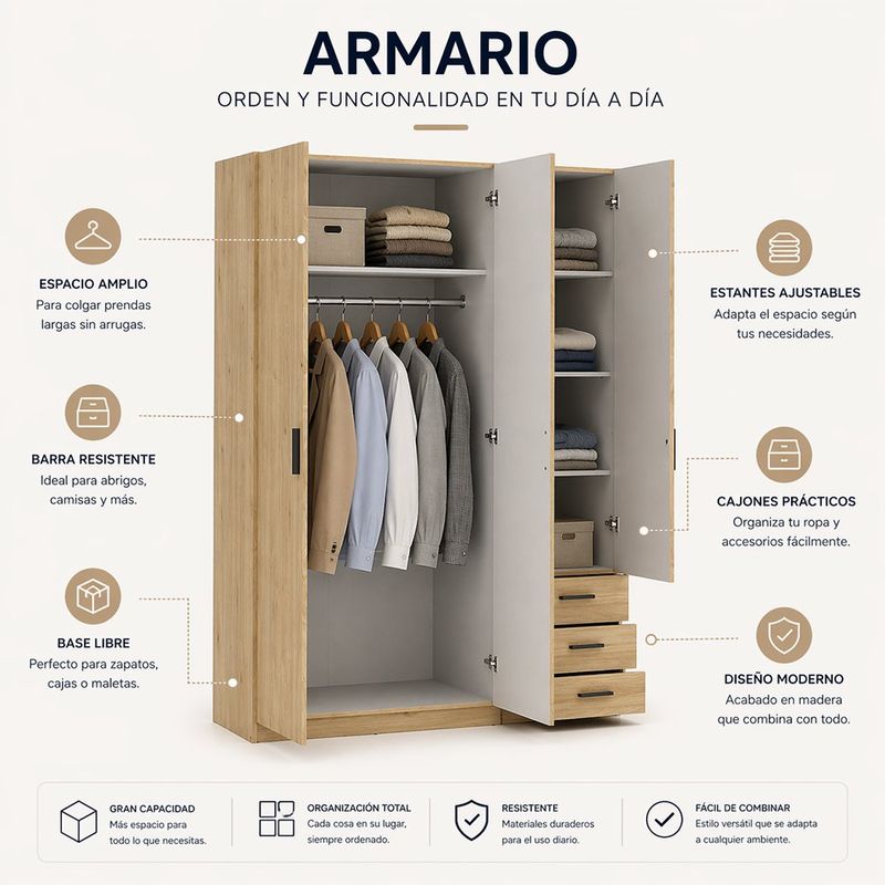 Armario Dan con 3 Puertas y 3 Gavetas para Dormitorio de 49.8 x 147 x 200.4 cm Color Café Claro