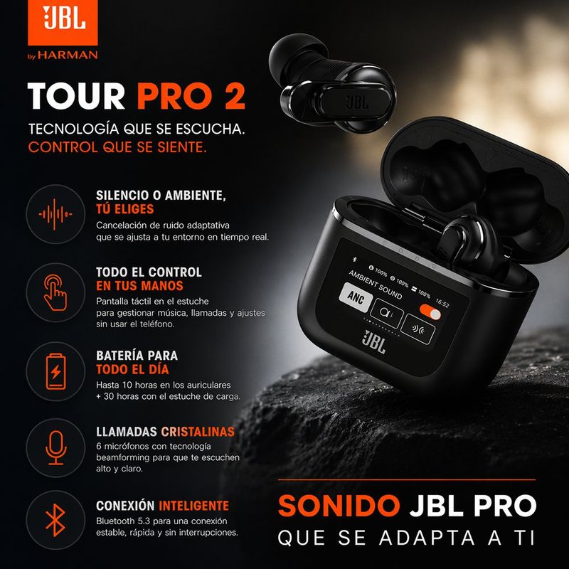 Audífonos Inalámbricos Tour Pro 2 TWS con Cancelación de Ruido y Estuche Inteligente Negro