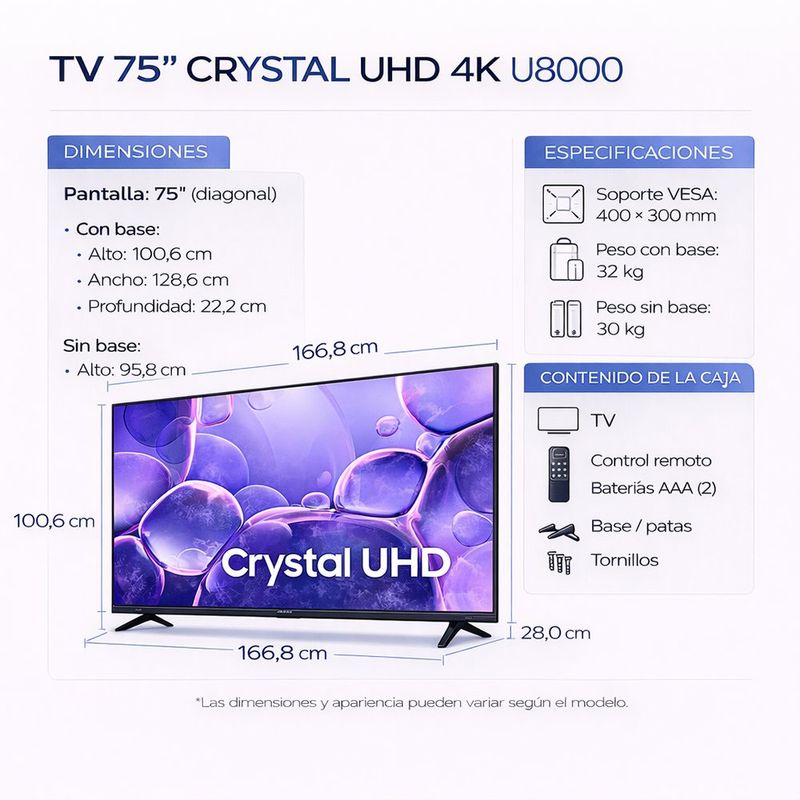 Televisor Smart TV LED Crystal UHD 4K de 75 Plg Modelo U8000F Negro
