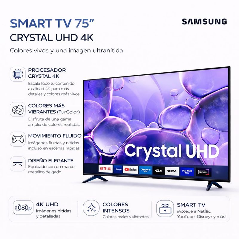 Televisor Smart TV LED Crystal UHD 4K de 75 Plg Modelo U8000F Negro