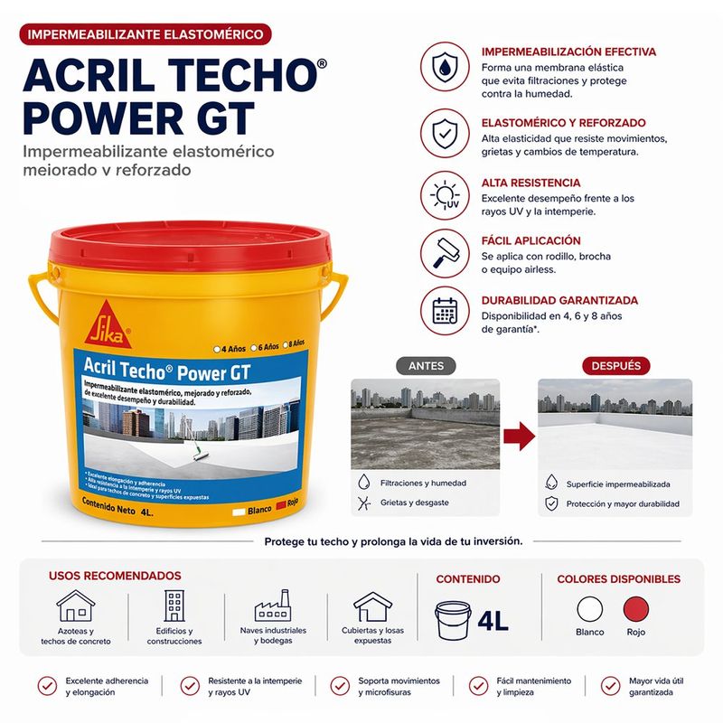 Impermeabilizante Acrilico Acril Techo Power 8 GT 1 Galón Color Rojo