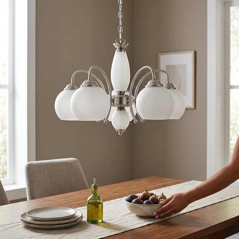 Lámpara de Techo 5 Luces de Vidrio Opalino Base E27 de 60 W Níquel Satinado